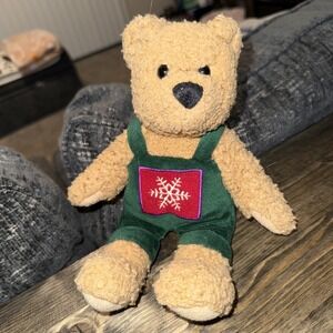 Hallmark Kiss Kiss Mistletoe Boy Bear Plush Stuffed Animal Green Overalls 10"